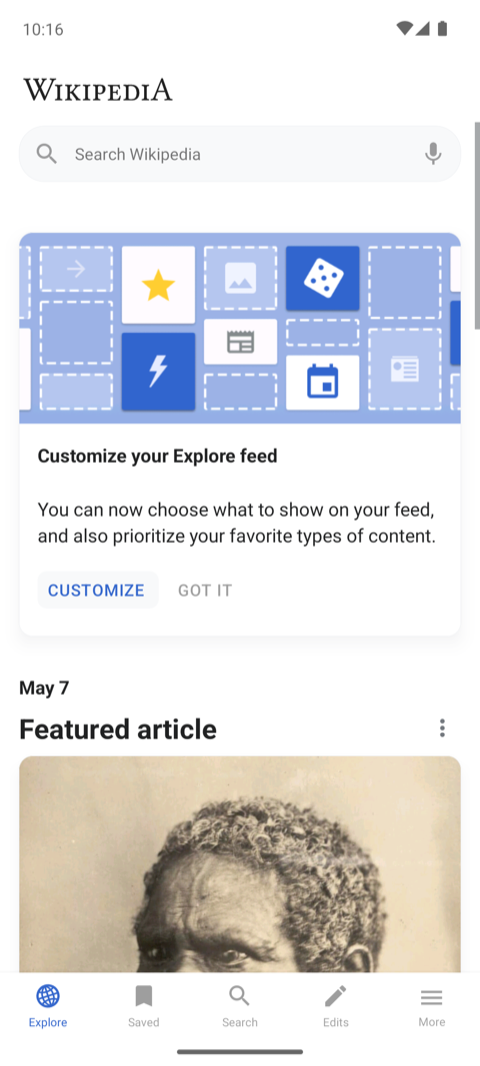 Pantalla inicial de Wikipedia en el emulador — paso 01 launchApp