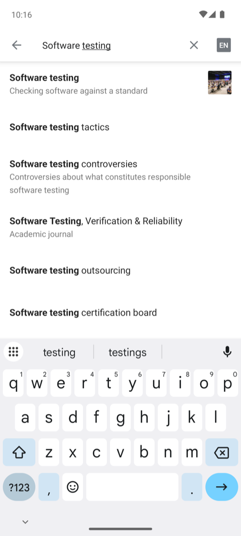 Lista de resultados de búsqueda 'Software testing' — paso 03 inputText